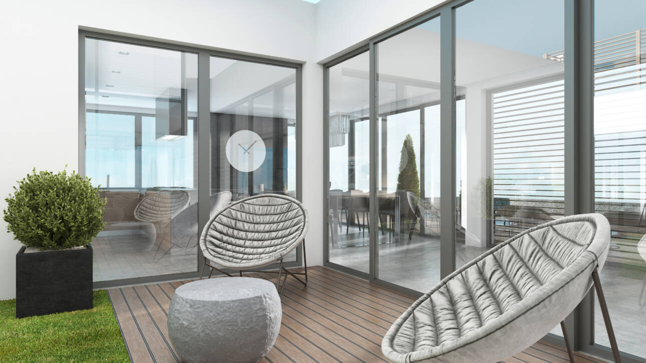 Backyard houses in the style of Contemporary with two modern chairs. 3D rendering