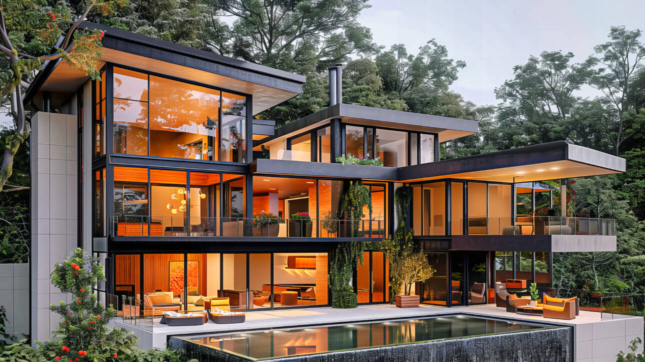 Modern Estate Exterior with Lush Garden, Elegant Architecture, and Luxury Amenities, Ideal for Upscale Living and Entertaining