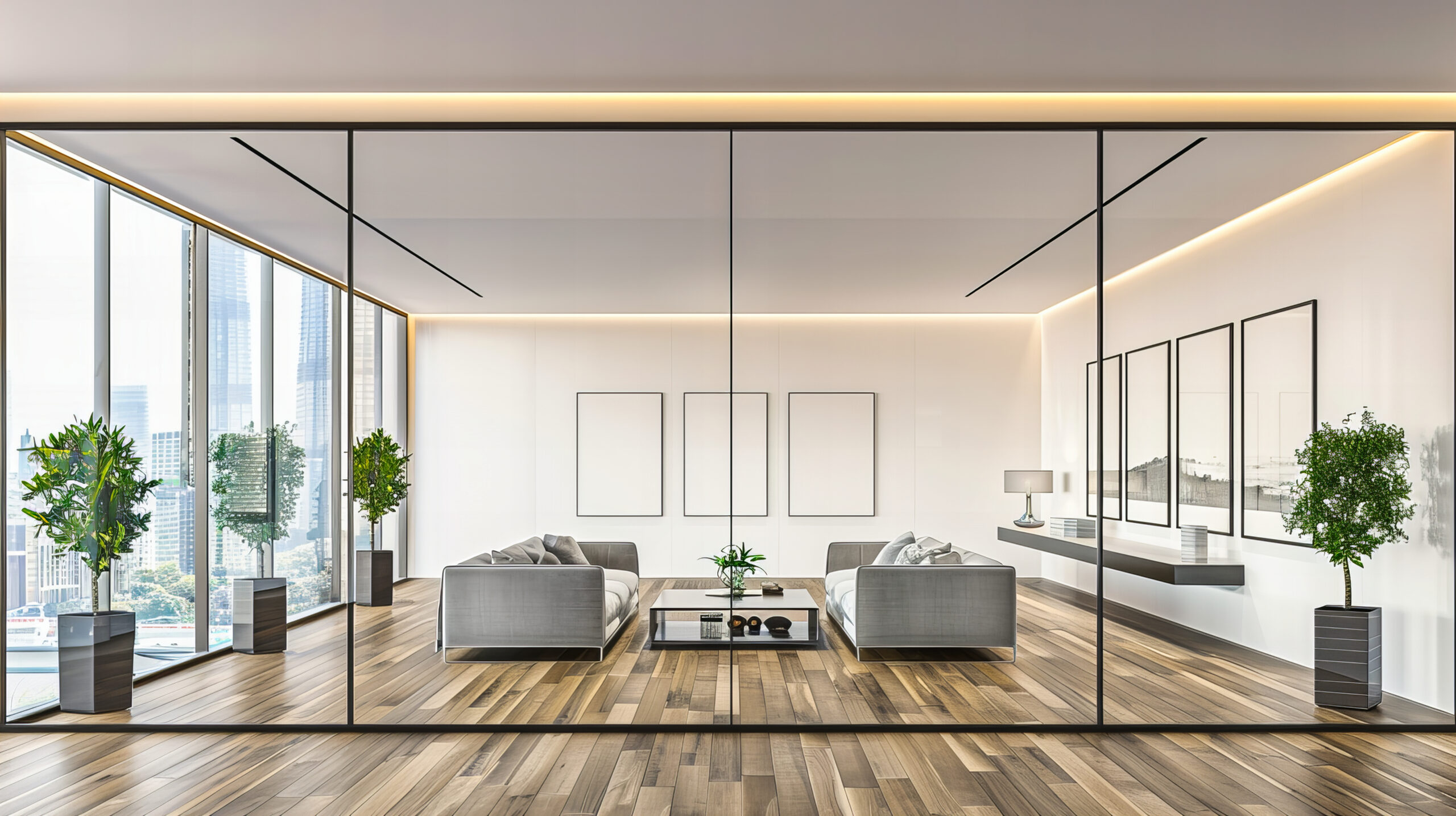 Contemporary Living Room with White Sofa, Stylish Decor, and Modern Architecture for a Bright, Inviting Space