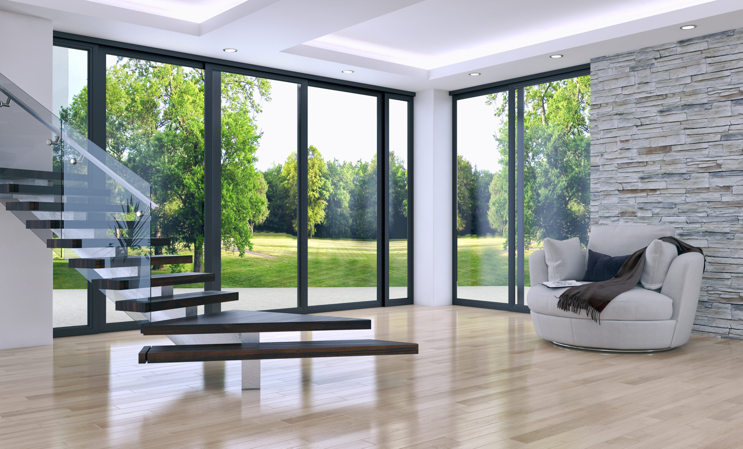 Modern bright interiors 3D rendering illustration