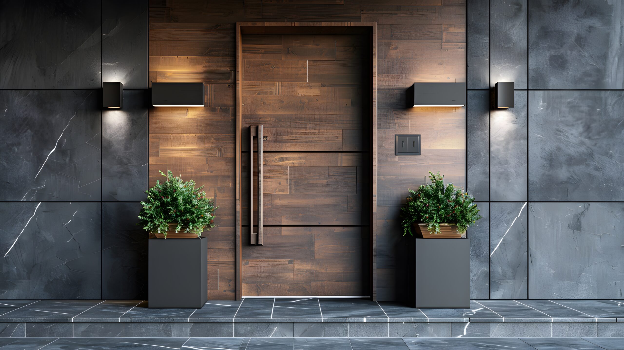 modern-front-door-with-wooden-frame-side-panels-dark-grey-wall-decorated-with-planters-sc