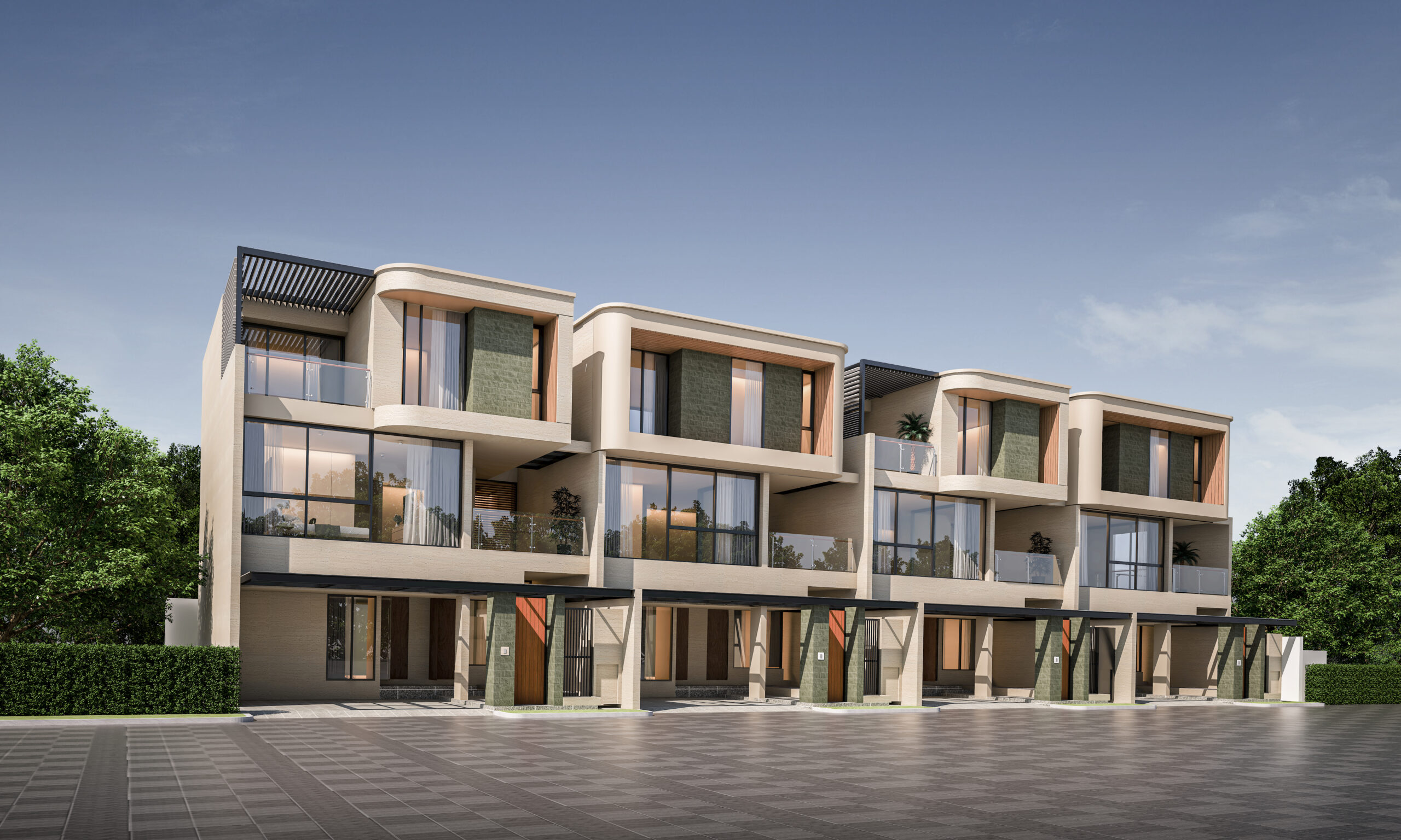 Modern town house exterior day light.3d rendering