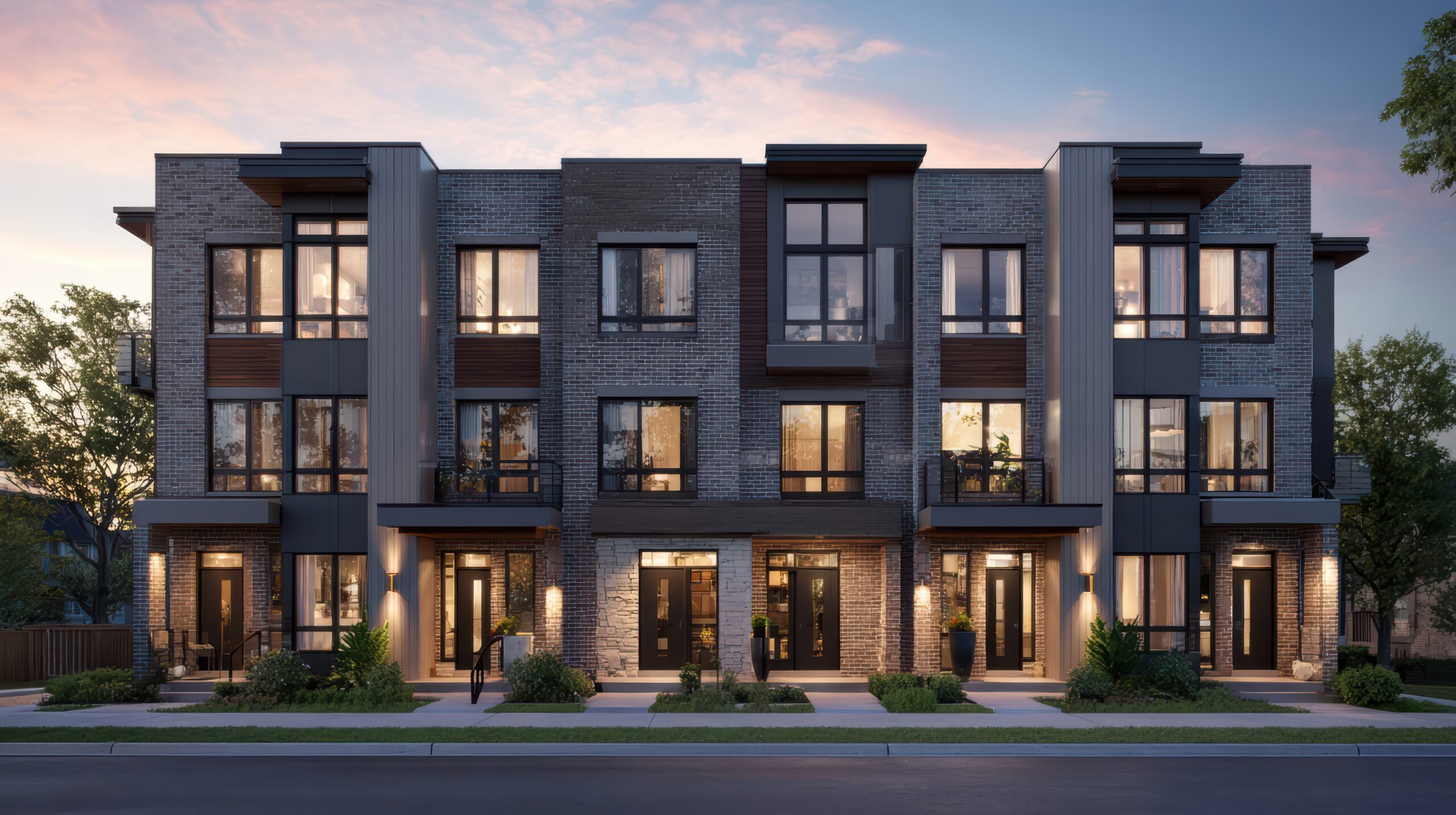 modern-urban-townhouses-illuminated-dusk